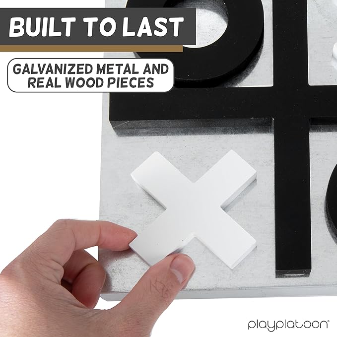 Play Platoon Magnetic Tic Tac Toe Game - Large Metal and Wooden Wall Mounted Board Games - 13.5 Inch Table Top or Wall Mounted Farmhouse Rustic for Game Room - Black &amp White