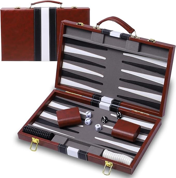 Backgammon Sets for Adults 15 inch Backgammon Brown Sets Classic Board Game with Premium Leather Case Portable Travels Strategy Backgammon Game Set for Adults Kids (Brown)