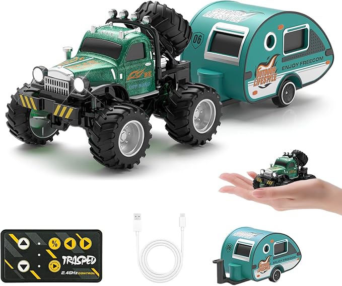 Snugzy Kids Mini RC Car 1:64 Scale RC Truck with Trailer 2.4Ghz Remote Control Rechargeable RC Cars Toy Gifts for Boys Girls (Green)