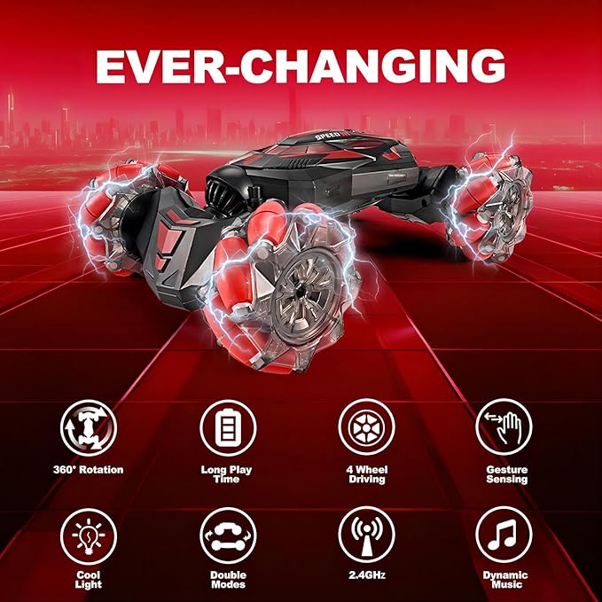 1:10 Remote Control Stunt Car 4WD 2.4 GHz Hand Gesture Sensing RC Crawler Vehicle 360° Flips with Lights Music Spray Birthday Presents Toy Cars for Kids Both Boys and Girls Aged 6-12 (Red)