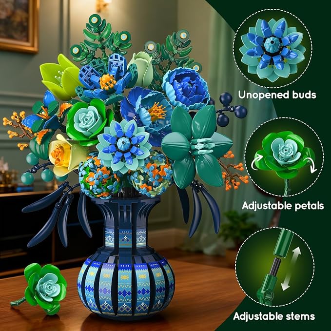 Flowers Building Set with Vase Easter Flower Bouquet Botanical Collection Building Block Toy 1309 PCS Peacock Artificial Plant Bonsai Kit Home Decor Gift for Her Adults Girls 12+