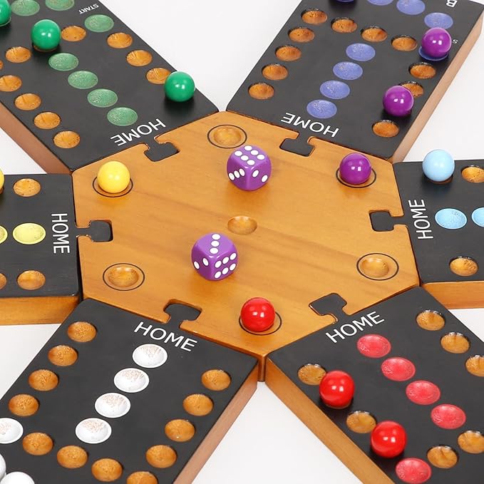Marble Board Game Wooden Board Game for 4 and 6 Players Portable Original Marble Game with 24 Marbles 12 Dice for Family Friends Party Game Night Black