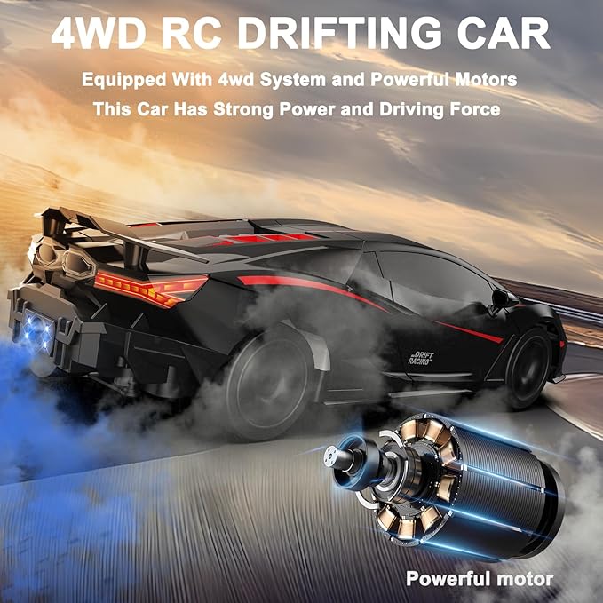Remote Control Car RC Drift Car 1:16 Scale 4WD 18KM/H High Speed Model Vehicle 2.4GHz with LED Lights Spray Rubber Tire Racing Sport Toy for Adults Boys Girls Kids Gift 2Pcs Rechargeable Batteries