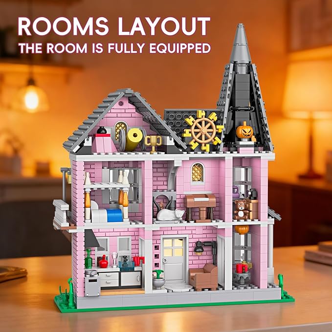 Pink Palace Apartment Building Set Halloween Haunted House Blocks Detailed Castle House Model with Classic European Style Detailed Interior