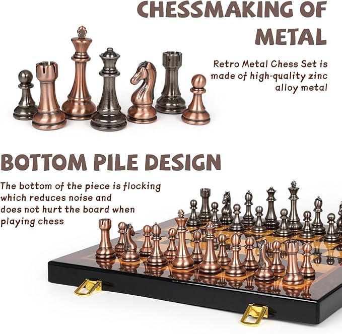 Luxury Metal Chess Set with 15 Inch Wooden Chess Board | Weighted Metal Chess Pieces | 2 Extra Queens | Professional &amp Tournament Style Chess Set for Adults | Elegant Game Room &amp Office Decor