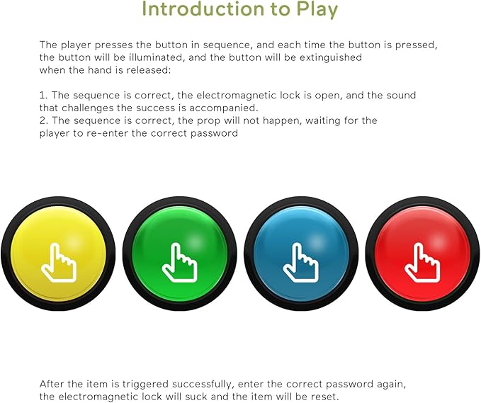 Escape Room Props 5 Different Colors Buttons Mechanism Press It In Order To Control 12V Magnet Lock For Exit Game Owner Player Adventurer (4 Button No Video)