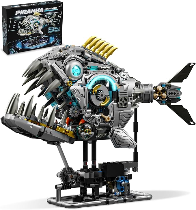Steampunk Mechanical Piranha Building Set for Adults Creative Killer Fish Animal Collection Toy for Home Office Decor STEM Gift for Teens Boys 14+ (1085PCS)