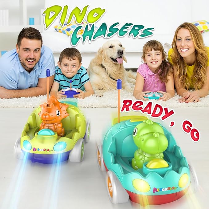 Remote Control Car for Toddlers Toddler Toys for 18+Months RC Cars with LED Lights &amp Music Dinosaur Toy for Kids 2 3 4 5 Years Old Birthday Gifts for 3+ Year Old Girls Boys -2 Pack