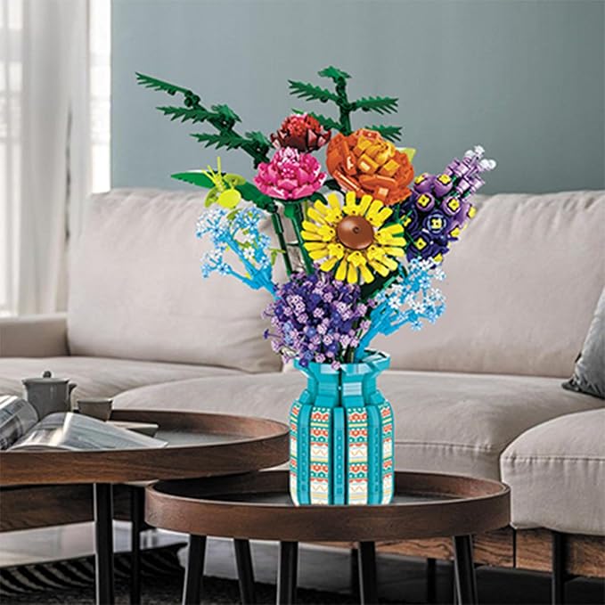 Flowers Bouquet Toys Building Blocks Set with Vase Botanical Collection Including Roses Sunflower Hyacinth Hydrangea for Adults Teen Girls Home Office Decor -1853 PCS