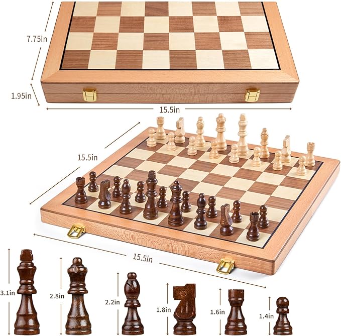 AMEROUS Magnetic Wooden Chess Set 15 Inches Handmade Wooden Folding Travel Chess Board Game Sets with Chessmen Storage Slots for Kids and Adults 2 Bonus Extra Queens Gift Box Packed