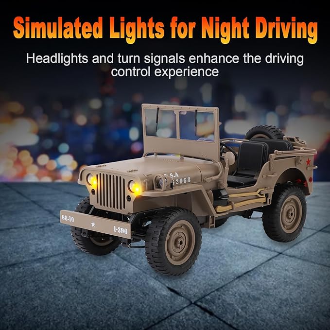 RC Crawler 1:10 Scale D888 Willys Military Jeep 2.4Ghz 4WD Off Road Rock Crawler with Lights Removable Accessories All Terrain RC Jeep Toy for Adult Teens-Upgradable (2 Batteries)