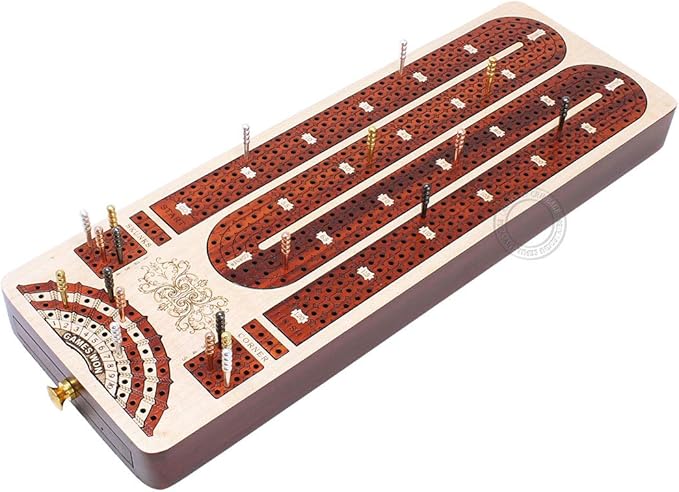 House of Cribbage - 4 Track Continuous Cribbage Board Inlaid in Bloodwood - Size: 13.5 Inches - Storage Drawer for Cribbage Pegs and Score Marking Fields for Skunks Corners and Won Games