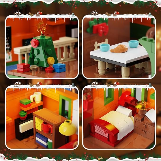 Christmas House Mini Building Set with Light PLAXSOON 1961 PCS Holiday Snow Village Architecture Model Building Block with Santa Claus Sleigh Xmas Display Toy Set for Adults Kids Boys Girls Ages 14+