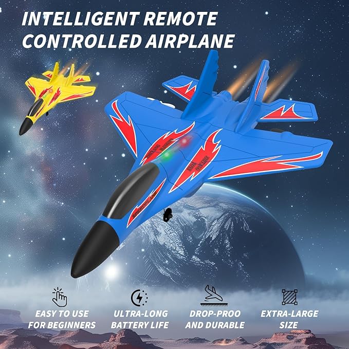 Foam Remote Control Wireless Airplanes RC Planes Remote Control Fighter Toys 2CH 2.4Ghz RC Fighter Jet with Light Hobby Rc Airplanes Easy to Fly for Kids Boys Adults(Blue)