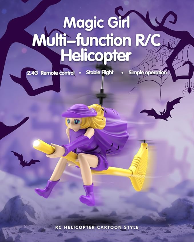 LM16-A RC Helicopter Flying Witch Drone Toys for Girls with LED Lights Indoor/Outdoor Remote Control Helicopter Christmas Birthday Gifts for Kids Boys Girls Age 6-8 9 10 11 12+(Purple)