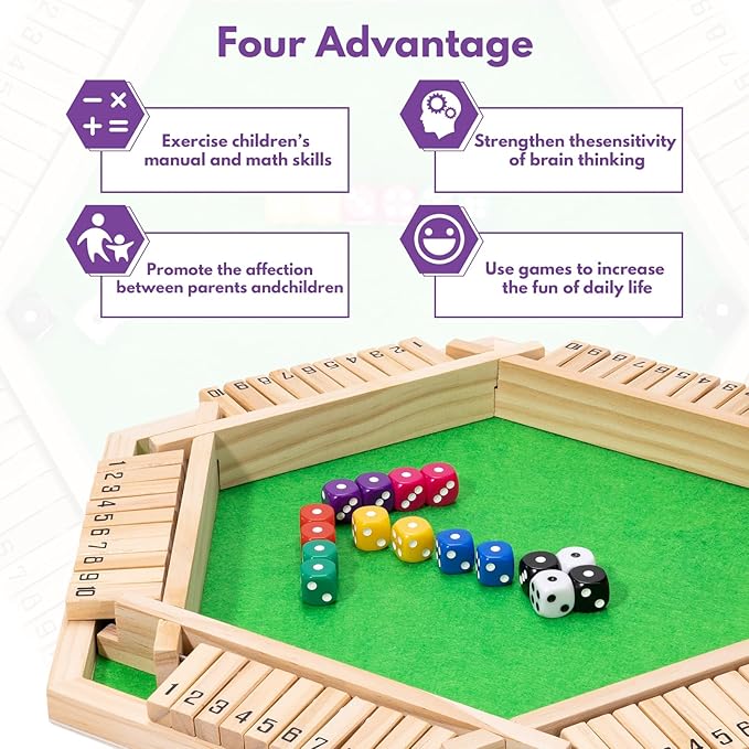Shut The Box Dice Game - Classic Wooden Tabletop Game for 2-6 Players - Natural Wood Finish Family Board Game for Adults &amp Kids - Perfect for Parties Bars Classroom Math Learning