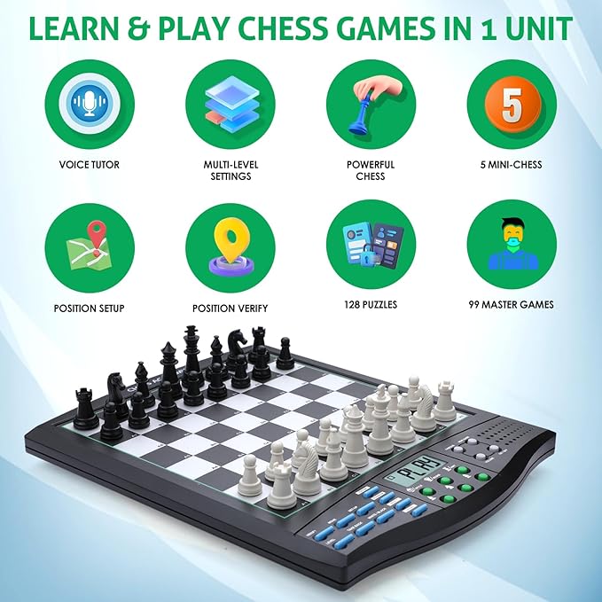 Talking Chess Academy Electronic Chess Board Smart Chess Board with Voice Teaching System Computer Chess Game with Strong Magnetic Pieces 1-2 Player Electronic Chess Set - Simple Portable Travel
