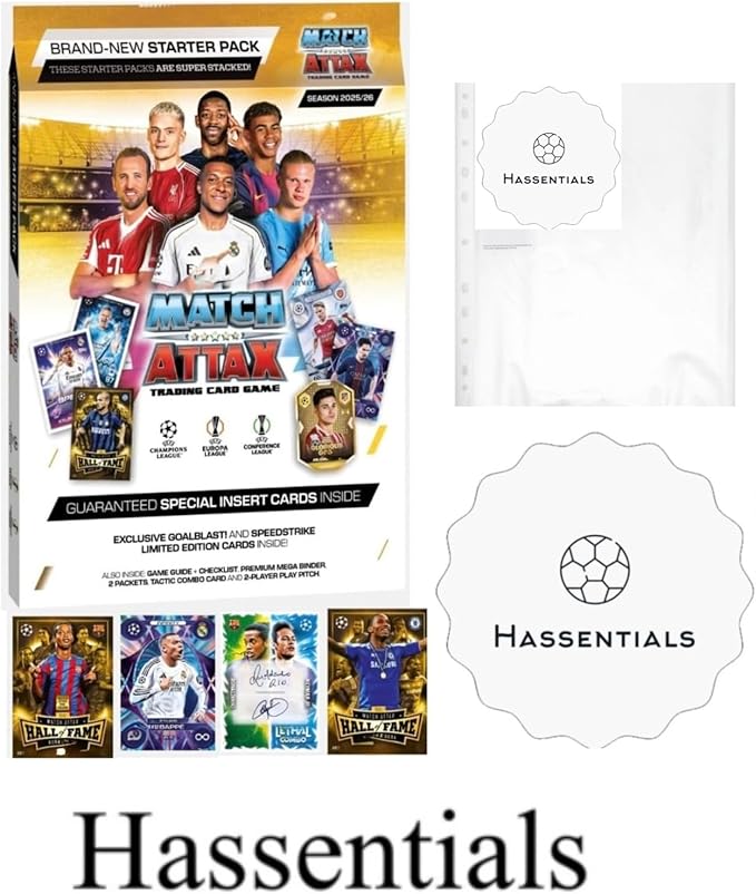 Match Attax 25/2026 New UCL Starter Pack + Limited Edition 2026 Soccer Cards + Bundle with Hassentials Sticker MA Cards
