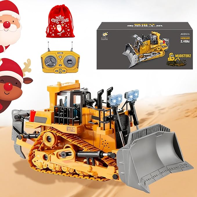 Construction Rc Set of 4 Alloy Rc Semi Truck with Trailer and Excavator 360 Rotation Realistic Engineering Design Remote Control Construction Vehicles Equipment with Lights and Sounds (Bulldozer)