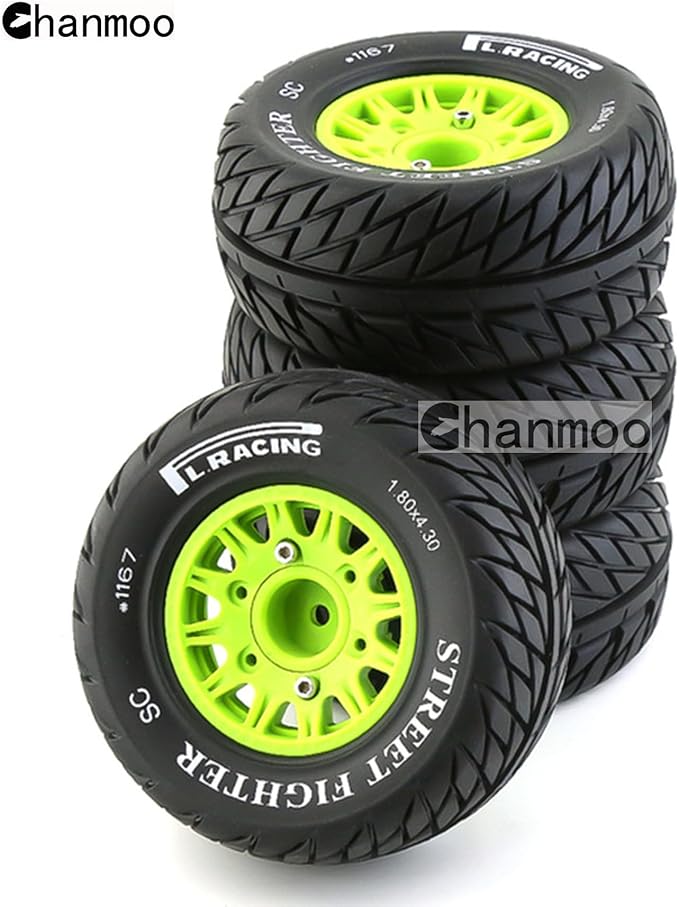 1/10 RC Short Course Truck Tires And Wheels With 12mm 14mm 17mm Hex 113mm 1/8 Rubber Tyres For 1/8 or 1/10 Scale On Road Car HSP Sonic 94102 GT PTG-2 Tamiya TT02 RC Racing Car 4PCS (Green B)
