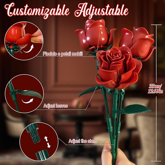 Gohero Red Roses Building Blocks Set (546PCS) - Lego Compatible Flowers for Adults Gothic Home Decor for Women &amp Teen Girls Making It an Ideal Gift for &amp Valentine's Day