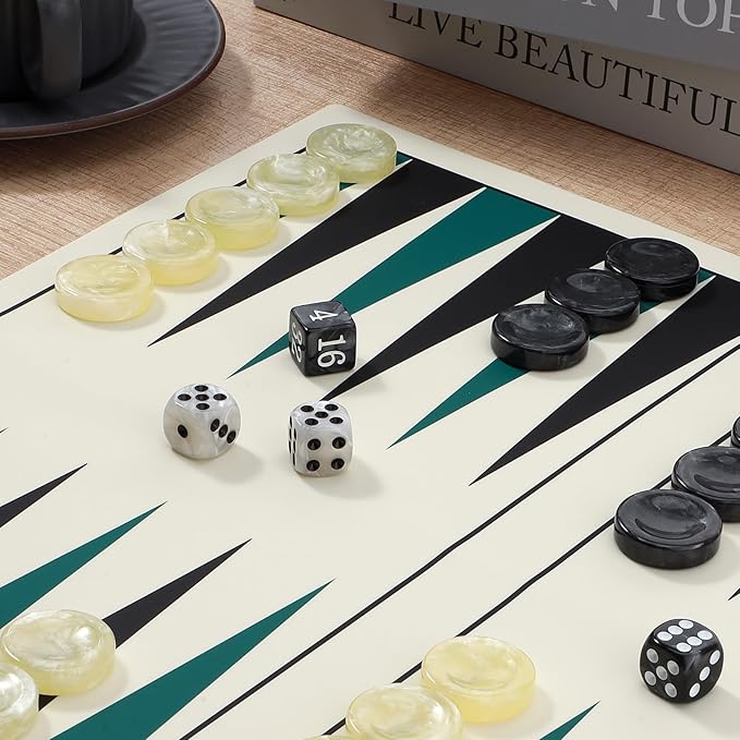 Backgammon Set Premium Silicone Backgammon Classic Board Games for 2 Players Foldable Backgammon Portable Travel Game Set with Carrying Storage Bag (Green)
