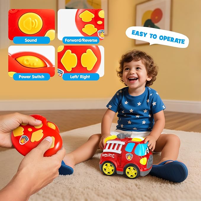 Remote Control Car 2.4G Cartoon Emergency Vehicle RC Fire Truck Engine Toys with Lights &amp Music Birthday Gifts for Toddlers Kids Boys &amp Girls 1-5 Years Old (Red)