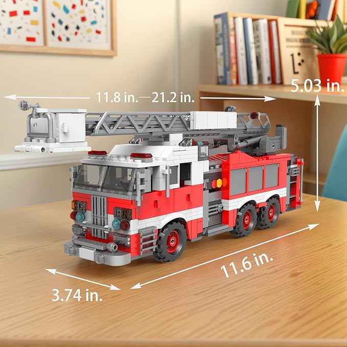 Light-Up Ladder Fire Truck Building Set – 720PCS STEM Toys for Kids &amp Adults City Firetruck Building Bricks with Flashing Lights Ideas Creative Gift for Birthday Christmas Compatible Building Br