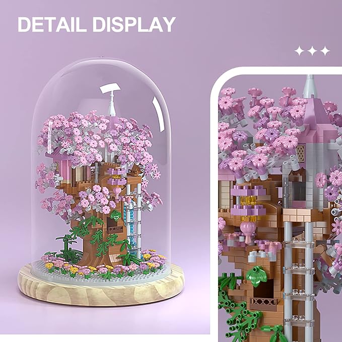 Cherry Blossom Bonsai Tree House Building Flowers Set for Adults 1382 Pcs Micro-Particle Ideas Sakura Tree Building Blocks Complete with String Lights Dust Cover and Wooden Base