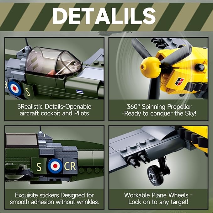 Sosuy WW2 Building Block Military Plane-Sets for Boys Men 1:32 Movable UK Spitfire &amp GE BF-109 Army Toys for Kids Ages 8+Spinning Propeller Pilots History Birthday Gifts for Teen Girls 580+ Piec