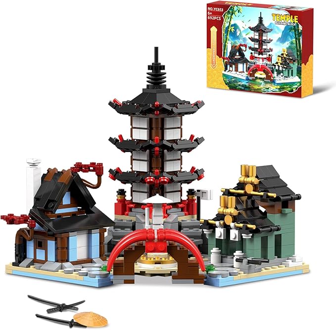 Japanese Temple AFOL Building Blocks Set Ninja Warrior Samurai Pagoda Scene Construction Toy with Bridge and House MOC Design Compatible with Lego (692PCS)