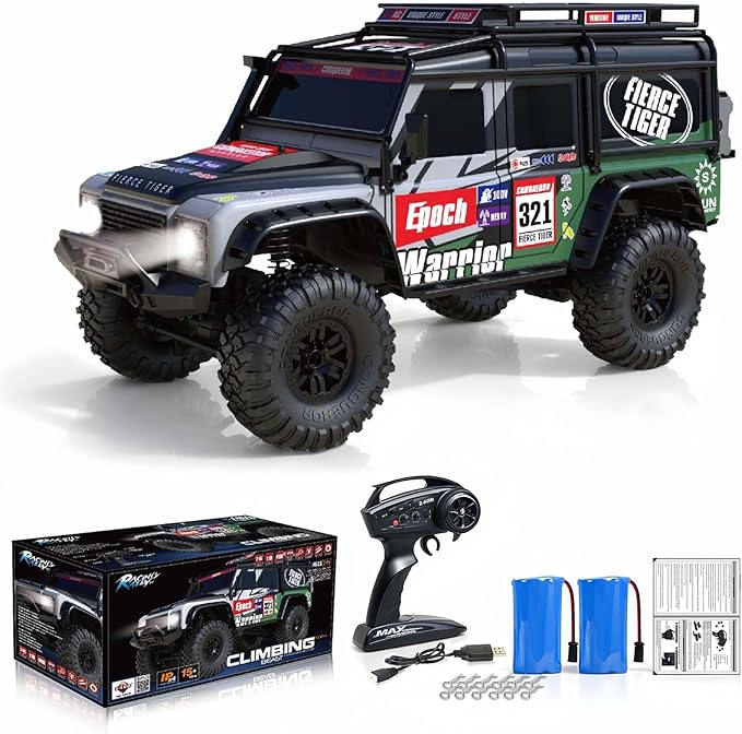 RC Cars RC Crawler 1/10 Scale RTR Remote Control Car 4WD 2.4GHz Brushed Offroad Racing Hobby Grade Model Vehicle with LED Lights 2Pcs Battery Toy for Kids and Adults