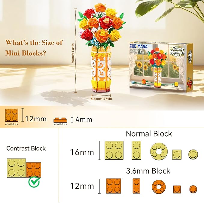 Flower Bouquet Building Set with Vase &amp LED Light Yellow Orange and Red Roses 3.6MM Mini Building Blocks Gifts for Women/Girlfriend/Wife Small Fake Flowers for Home Office Decor