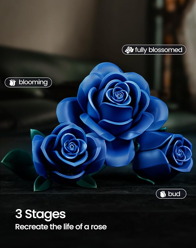 iATOM Blue Rose Bouquet Building Set 12Pcs Flowers Botanical Collection for Adults Valentine's Day Gift for Her/Girlfriend/Mom/Wife/Couple Vintage Home Office Table Centerpiece Decor Aesthetic