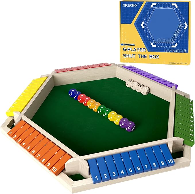 1-6 Players Shut The Box Dice Game Wooden Board Table Math Game with 16 Dice Classics Tabletop Version Games for Kids Adults FamilyClassroomHomeParty or Pub