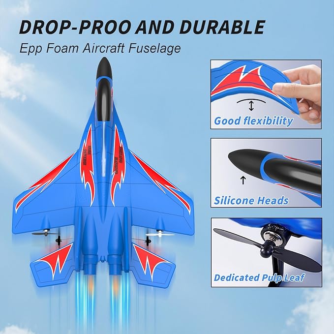 Foam Remote Control Wireless Airplanes RC Planes Remote Control Fighter Toys 2CH 2.4Ghz RC Fighter Jet with Light Hobby Rc Airplanes Easy to Fly for Kids Boys Adults(Blue)