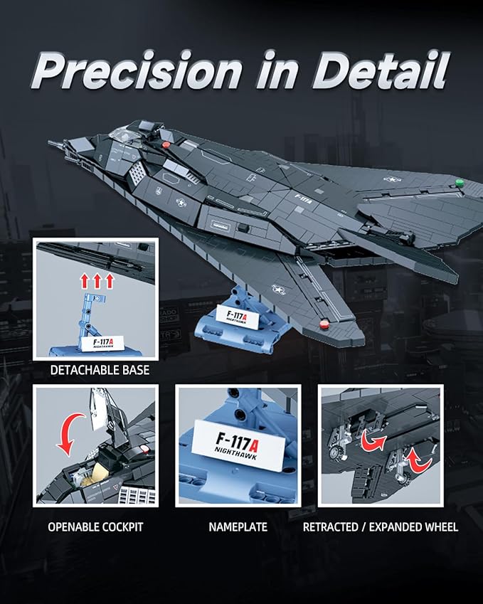 F-117A Nighthawk Fighter Jet Building Block Set for Adults 14+ 20 Inch Planet Military Airplane Air-Force with Display Stand Compatible with Lego 1375 Pcs