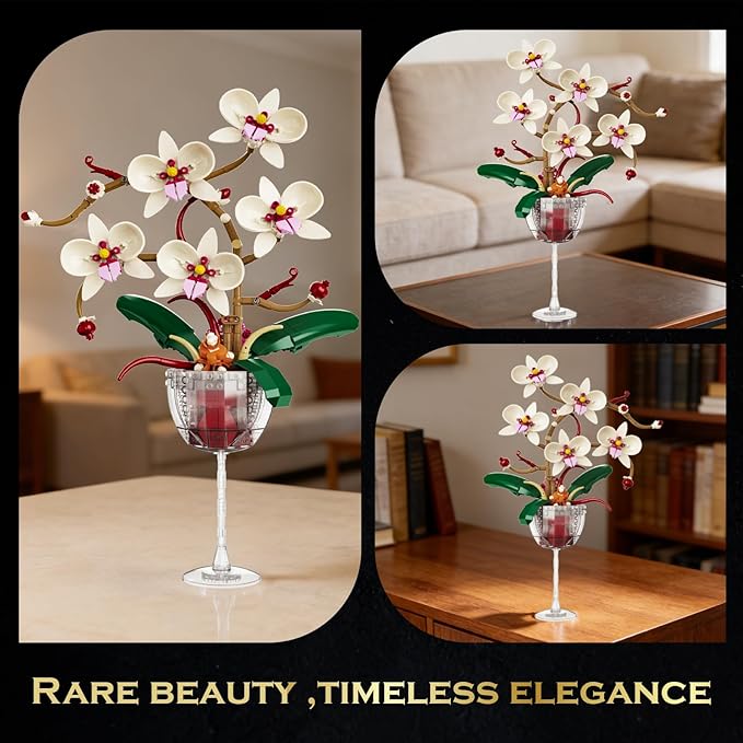 White Orchid Flower Building Set with Long Stem Wine Glass for Adults Compatible with Lego Botanical Flowers 512pcs Ideas Collection Toys for Home and Office Decor Gifts for Christmas Mother's Day