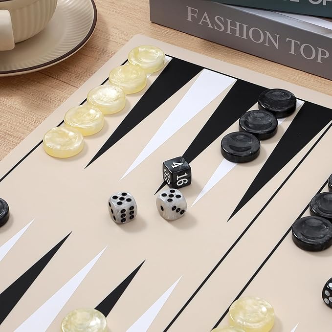 Backgammon Set Premium Silicone Backgammon Classic Board Games for 2 Players Foldable Backgammon Portable Travel Game Set with Carrying Storage Bag (Khaki)