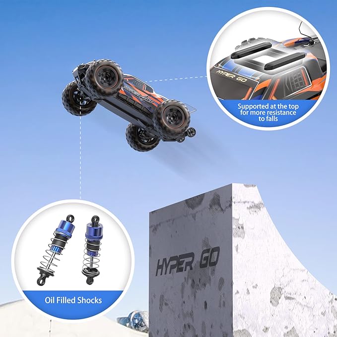 HYPER GO H16DR 1:16 Scale Ready to Run Fast Remote Control Car High Speed Jump RC Monster Truck Off Road RC Cars 4WD All Terrain RTR RC Truck with 2 LiPo Batteries for Boys and Adults