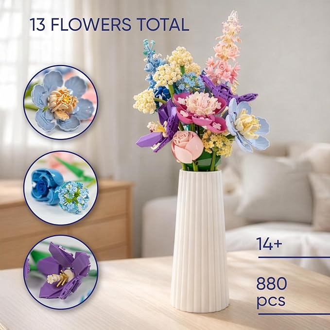 Flower Building Set 880 PCS Building Sets for Adults Botanical Flower Kit Building Block Set Flower Bouquet DIY Gift No Vase Included
