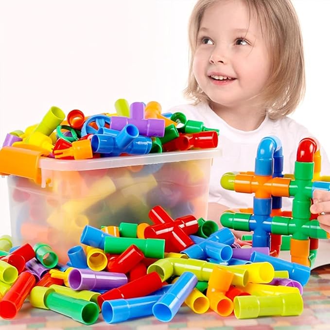 ZOZOPLAY STEM Learning Toy Tubular Pipes &amp Spouts &amp Joints 64 Piece Build Bicycle Tank Scootie Moter Skills Endless Designs Educational Building Blocks Set for Kid Ages 3+ Multicolor