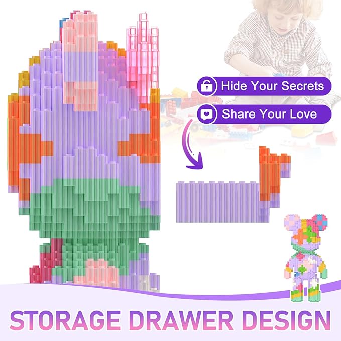 Bear Building Blocks with Organizer Bins (3000PCS) Fluorescent Bricks &amp Stroage Drawer Gift for Adults &amp Kids Ideal for Home &amp Office Decor QR Code User Manual 8883