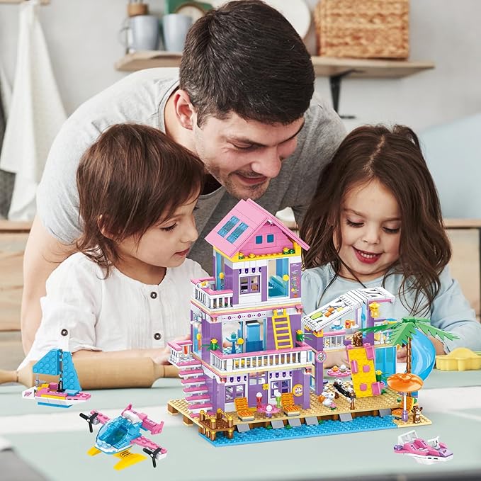 955 Pcs Friends Seaside Villa Building Set Beach House Building Block Toys STEM Creative Vacation Hut Brick Kit with HelicopterSailboatYachtBirthday Gifts for Kids Girls Boys Age 6-12+