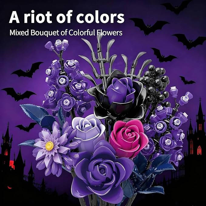 Purple Roses Bouquet Building Set 882PCS Compatible with Lego Artificial Flower Everlasting Gothic Roses for Home Décor Gift for Halloween Romantic Valentine’s Day Mother’s Day Anniversary