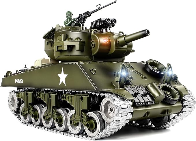 1:18 RC Tank for Adult and Kid 2.4G US M4A3 Sherman Alloy Metal Tracks Model Toys RC Vehicle Tank That Shoots BBS with Smoke Lights Sound Military Army Toys with 2 Rechargeable Battery