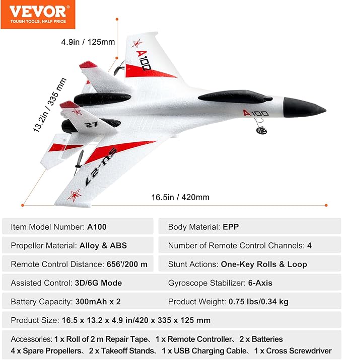 VEVOR RC Plane 2.4GHZ 4 Channel RC Airplane with 6-Axis Gyro Stabilizer&amp2 Batteries Ready to Fly SU-27 Fighter Aircraft Plane Toy for Adults Kids Beginners Boys Birthday/Xmas Child Gift