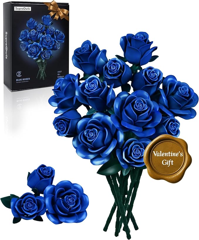 iATOM Blue Rose Bouquet Building Set 12Pcs Flowers Botanical Collection for Adults Valentine's Day Gift for Her/Girlfriend/Mom/Wife/Couple Vintage Home Office Table Centerpiece Decor Aesthetic