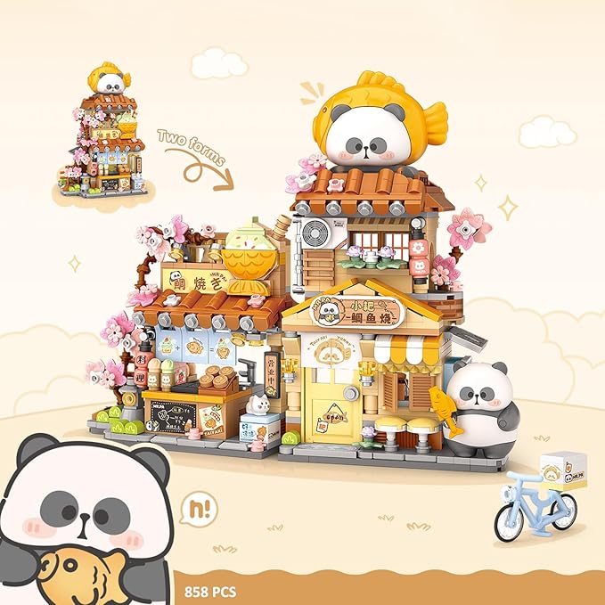 Mini City Shop Street View Building Blocks Model SetSimulation Panda Architecture Collection Particle Construction Building Bricks ToyHome Decor (Taiyaki)