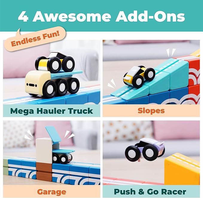 QBI Magnetic Blocks Play Starter Set – STEM Construction Toys &amp Race Car Track for Kids Ages 3-5+｜Educational Magnet Building Tiles with 2 Ramps &amp 4 Vehicles｜Montessori Gift for Boys &amp Gir
